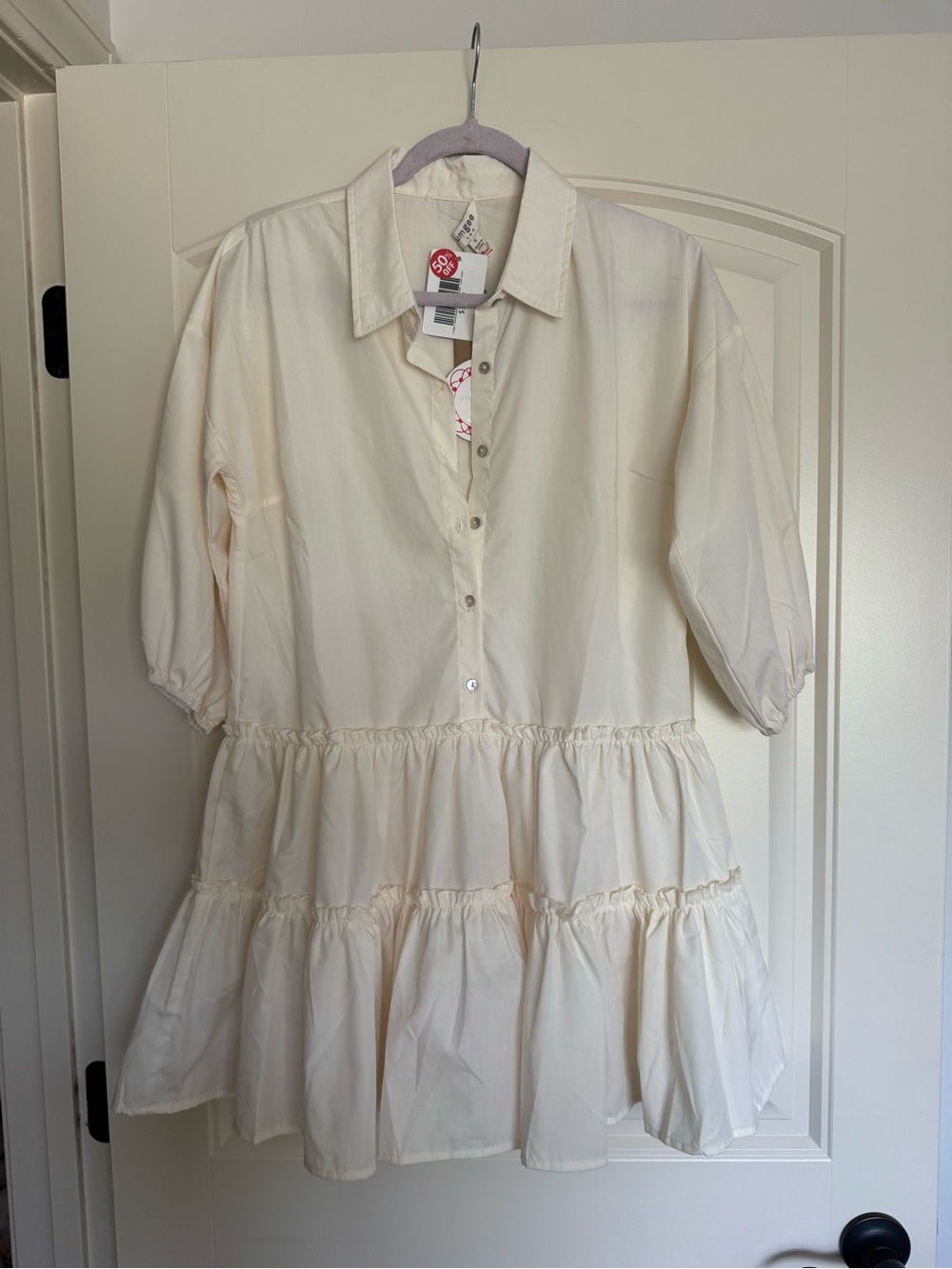Cream Tiered Popover Shirt Dress